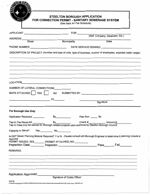First page of the Sanitary Sewer Connection Permit Application