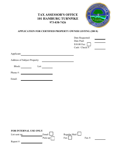 First page of the Application for Certified Property Owner Listing (200 Ft)