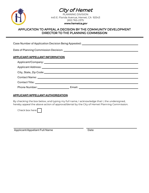 First page of the Application to Appeal a Community Development Director Decision