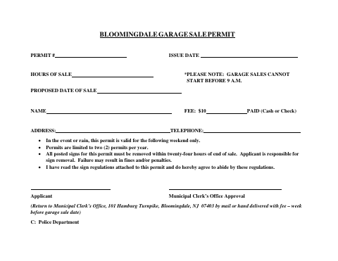 First page of the Garage Sale Permit