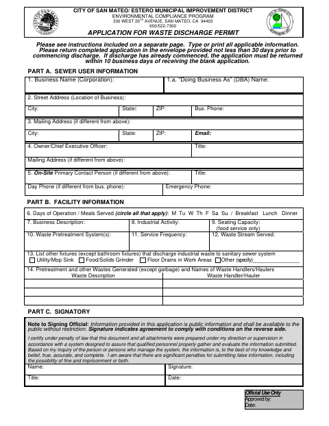 First page of the Application for Waste Discharge Permit