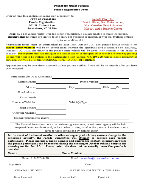 First page of the Mullet Festival Parade Registration Form