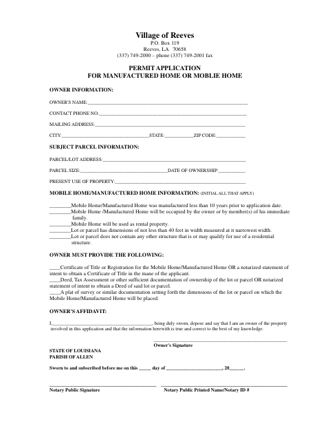 First page of the Manufactured Home or Mobile Home Permit Application