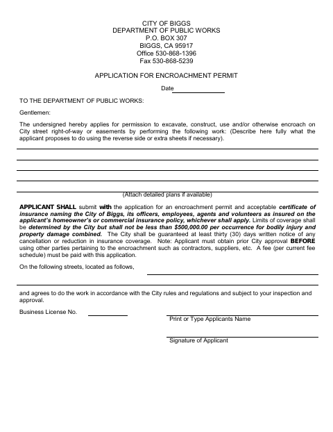 First page of the Encroachment Permit Application