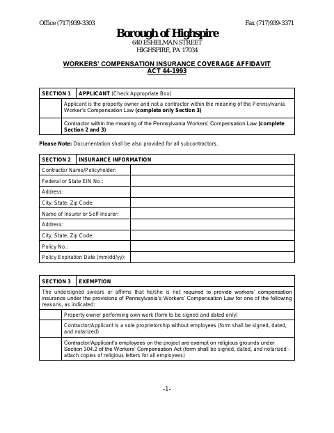 First page of the Workers’ Compensation Insurance Coverage Affidavit