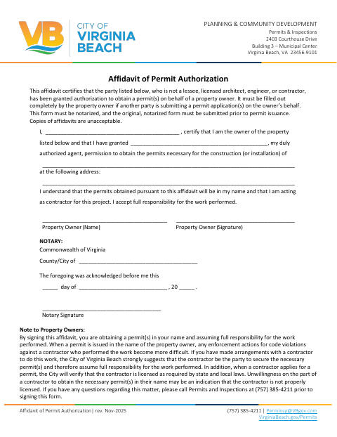First page of the Affidavit of Permit Authorization