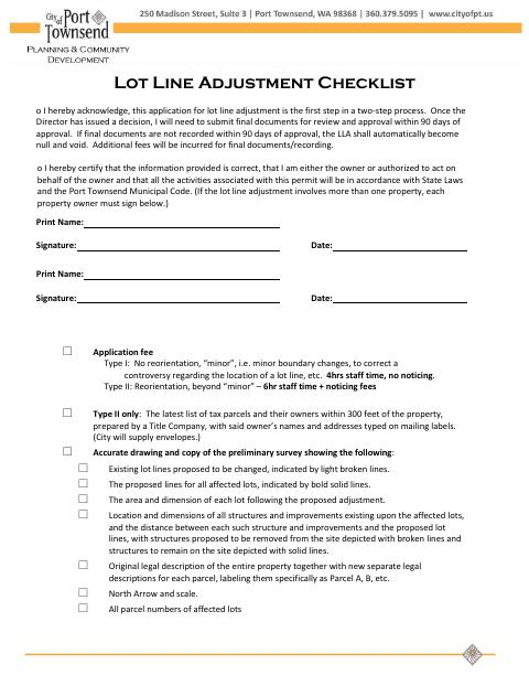 First page of the Lot Line Adjustment Checklist and Signature Page