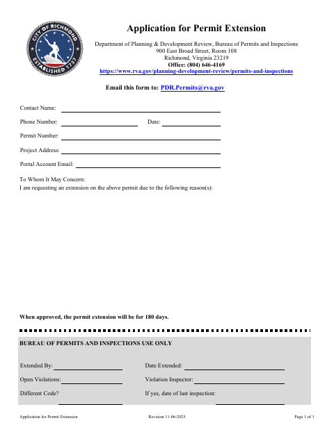 First page of the Application for Permit Extension