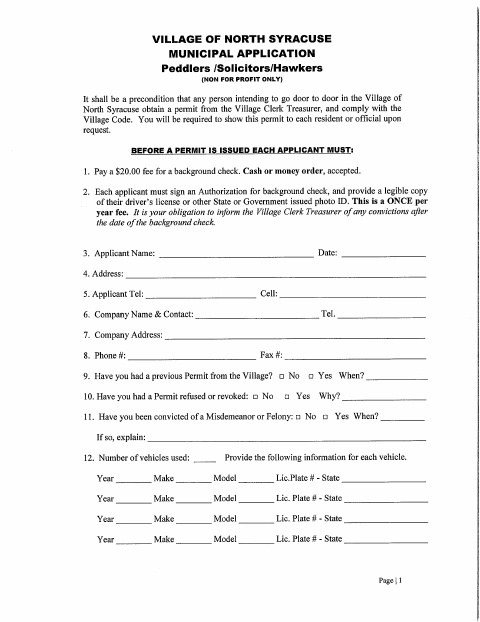 First page of the Peddlers, Solicitors, and Hawkers Permit Application