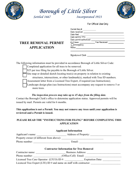 First page of the Tree Removal Permit Application