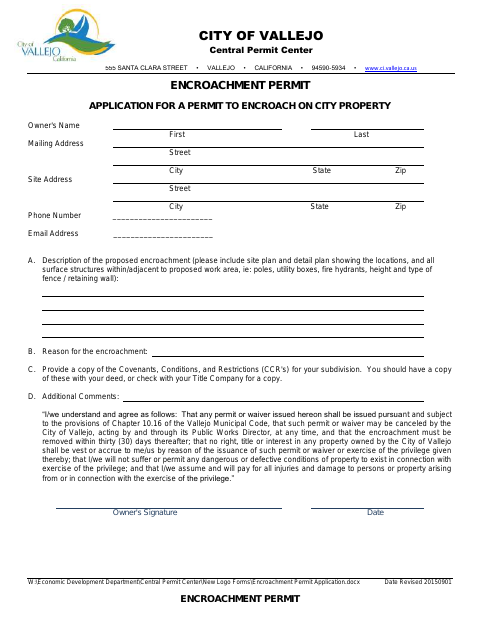 First page of the Encroachment Permit Application