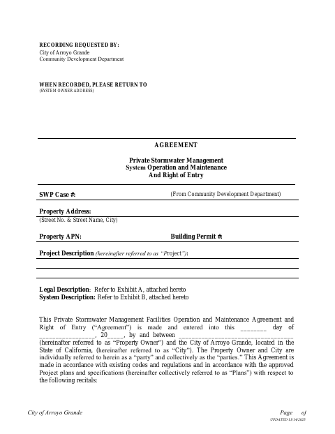 First page of the Private Stormwater Management System Agreement