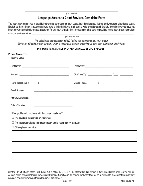 First page of the Language Access Complaint Form
