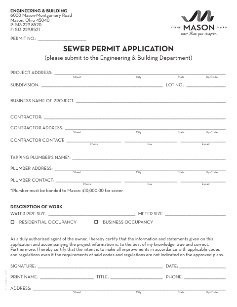 First page of the Sewer Permit Application