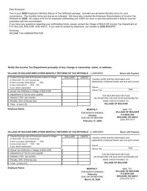 First page of the Employers Monthly Returns of Tax Withheld