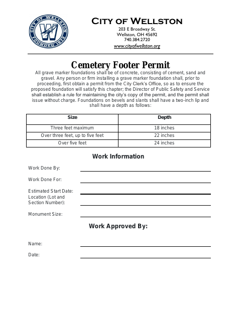 First page of the Cemetery Footer Permit