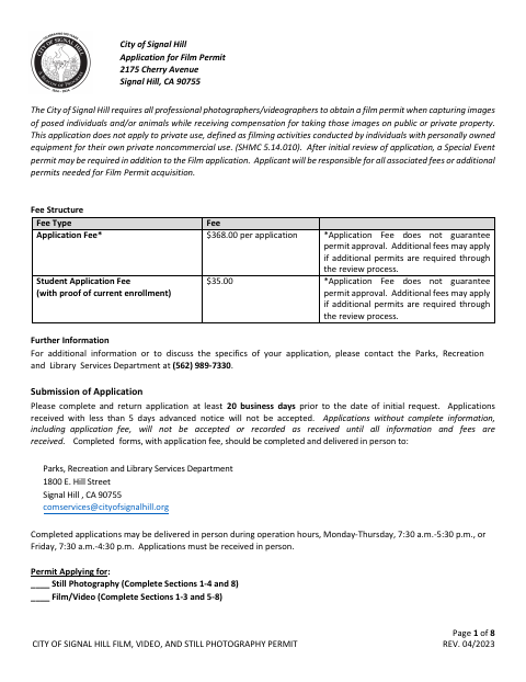 First page of the Film, Video, and Still Photography Permit