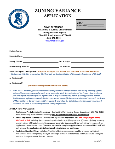 First page of the Zoning Variance Application