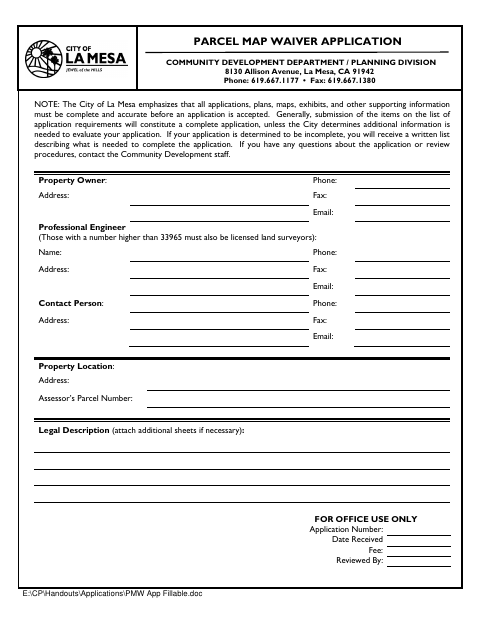 First page of the Parcel Map Waiver Application