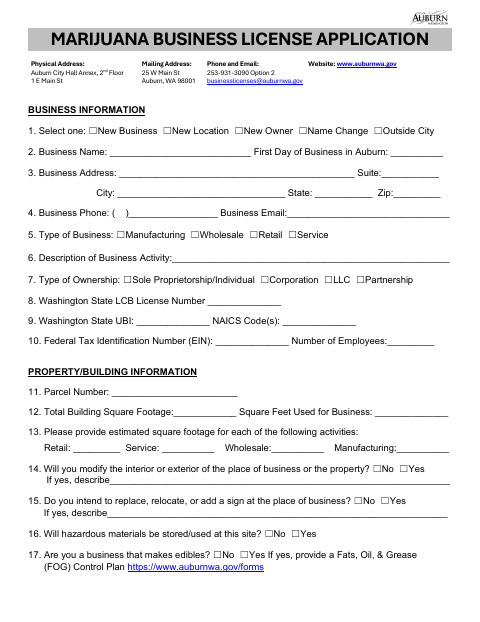 First page of the Marijuana Business License Application