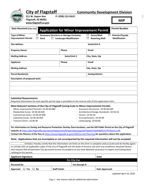 First page of the Minor Improvement Permit Application