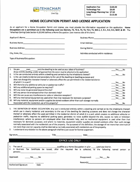 First page of the Home Occupation Permit and License Application