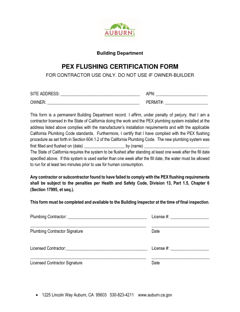 First page of the PEX Flushing Certification Form