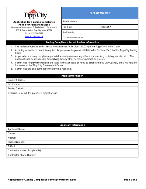 First page of the Application for Zoning Compliance Permit (Permanent Sign)