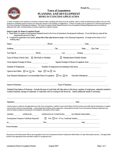 First page of the Home Occupation Permit Application