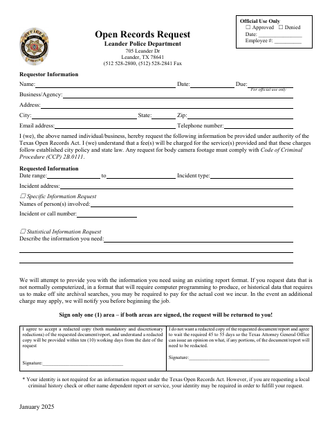 First page of the Request for Police Records