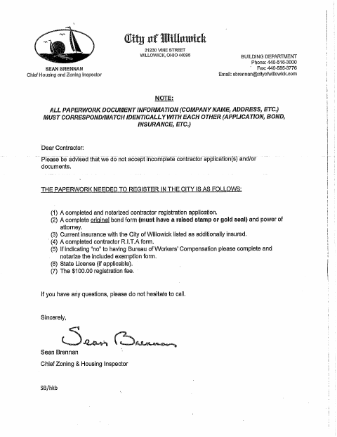 First page of the Contractor Registration Packet