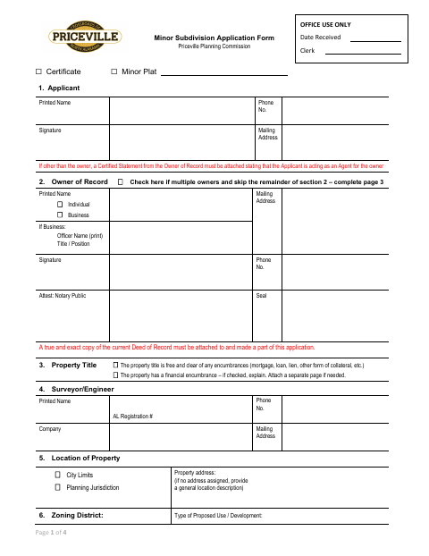 First page of the Minor Subdivision Application