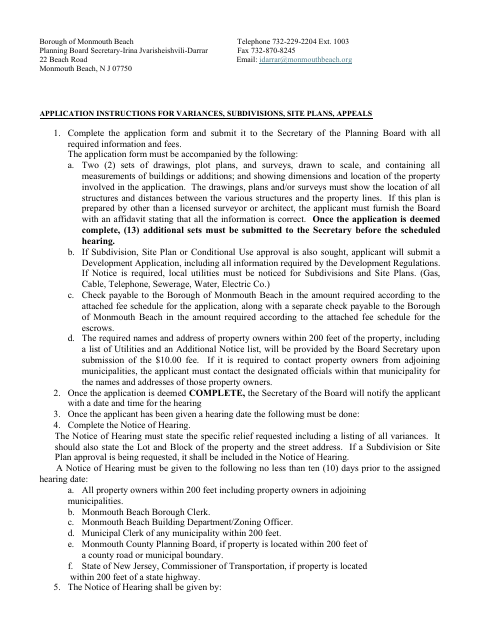 First page of the Planning Board Application and Affidavits
