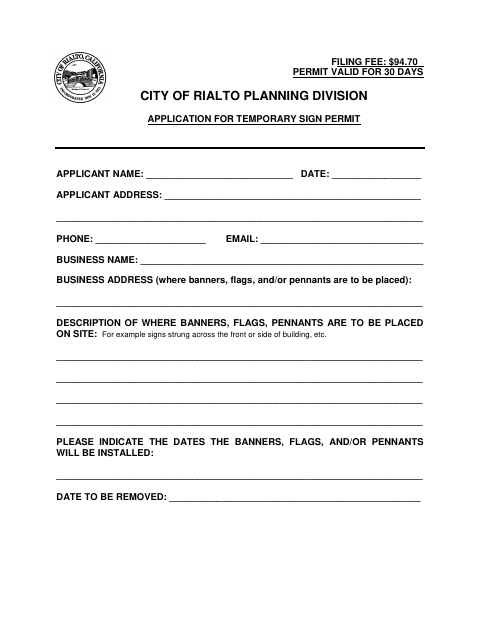 First page of the Application for Temporary Sign Permit
