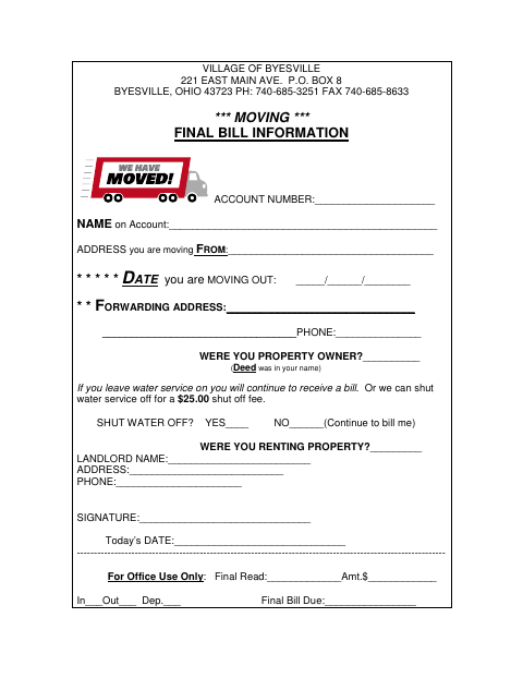 First page of the Water and Sewer Final Bill Information Form