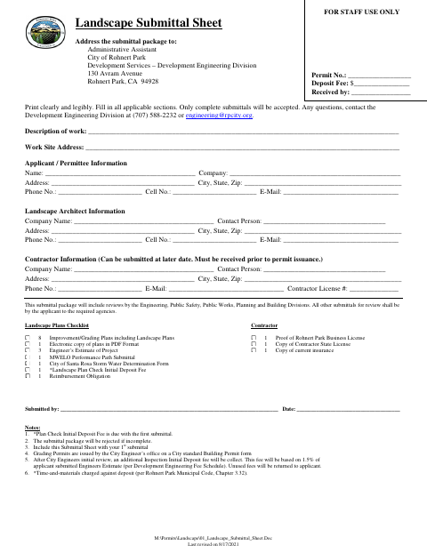 First page of the Landscape Submittal Sheet