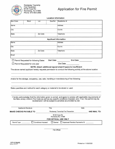 First page of the Application for Fire Permit