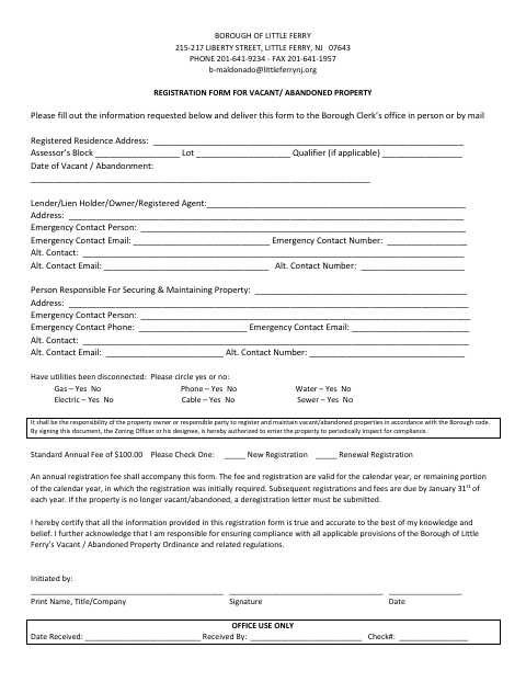 First page of the Registration Form for Vacant/Abandoned Property