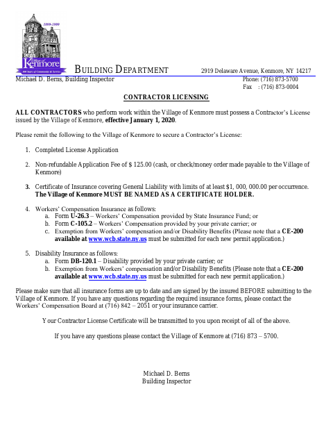 First page of the Contractor License Application