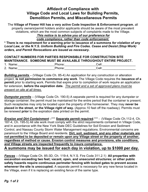 First page of the Affidavit of Compliance with Village Code and Local Laws for Permits