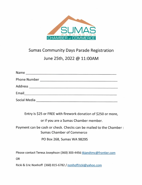 First page of the Sumas Community Days Parade Registration