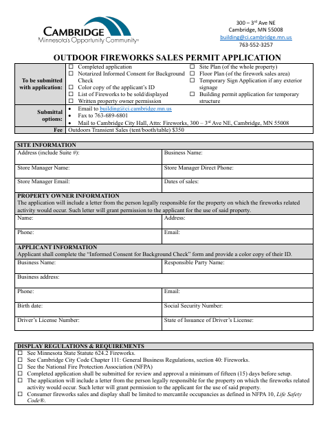 First page of the Outdoor Fireworks Sales Permit Application