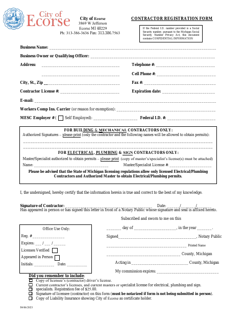 First page of the Contractor Registration Form