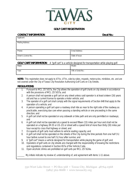 First page of the Golf Cart Registration
