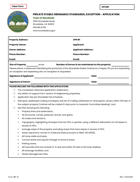 First page of the Private Stable Ordinance Standards, Exception Application