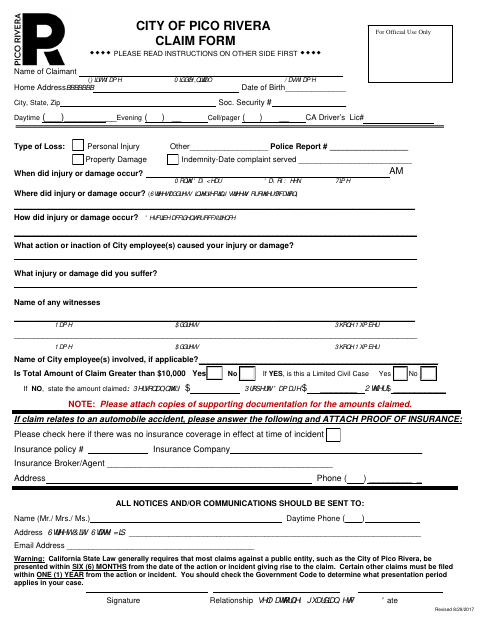 First page of the Claim Form