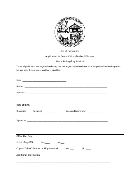 First page of the Senior Citizen/Disabled Discount Waste & Recycling Services Application