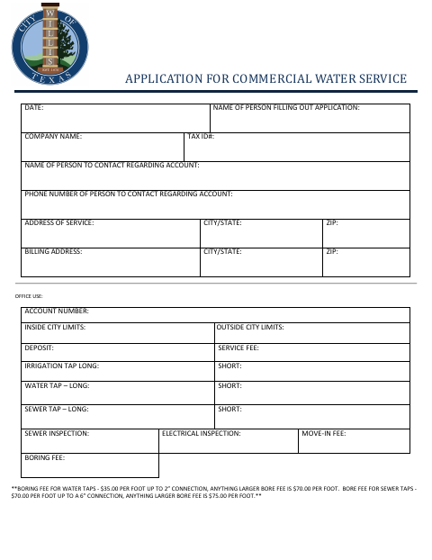 First page of the Commercial Water Service Application