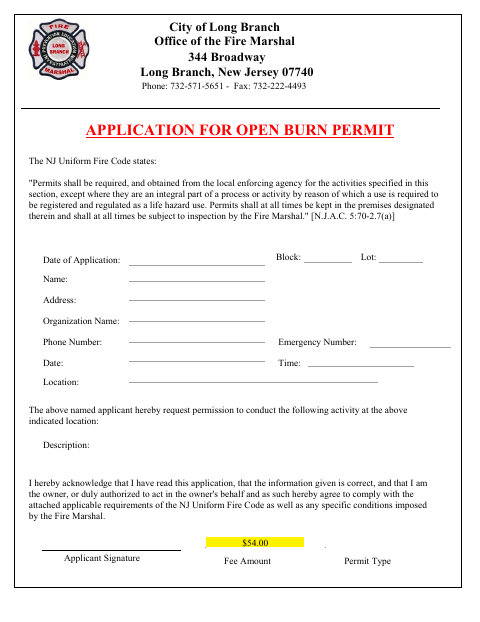 First page of the Application For Open Burn Permit