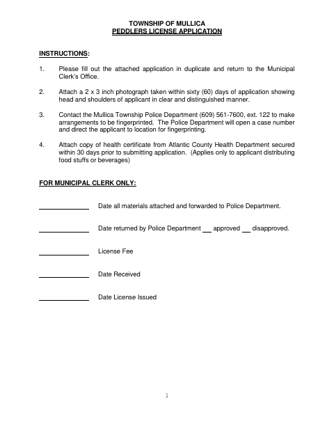 First page of the Peddlers License Application